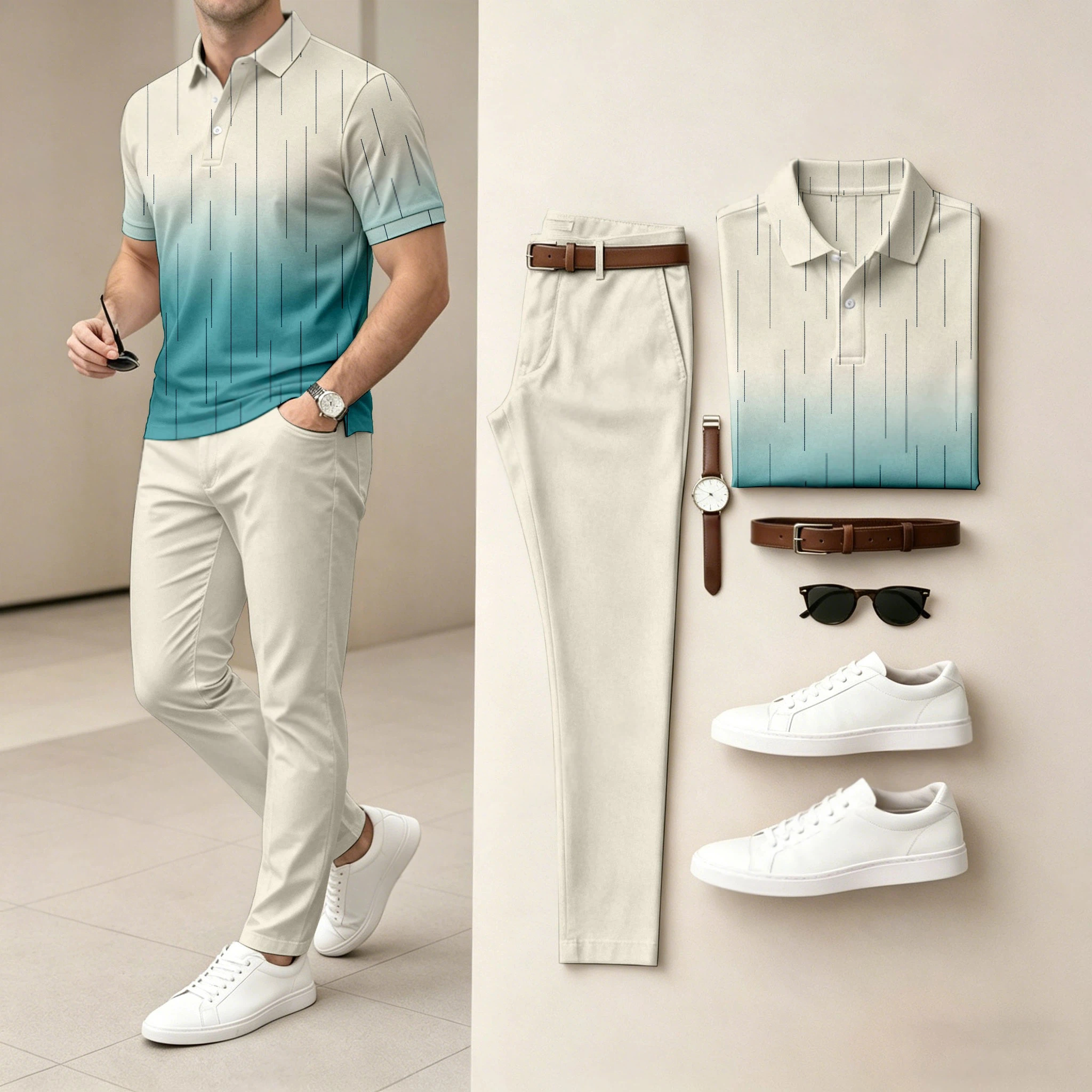 Men's  Ombré Color Short-Sleeve Polo Shirt and Pants Two-Piece Set