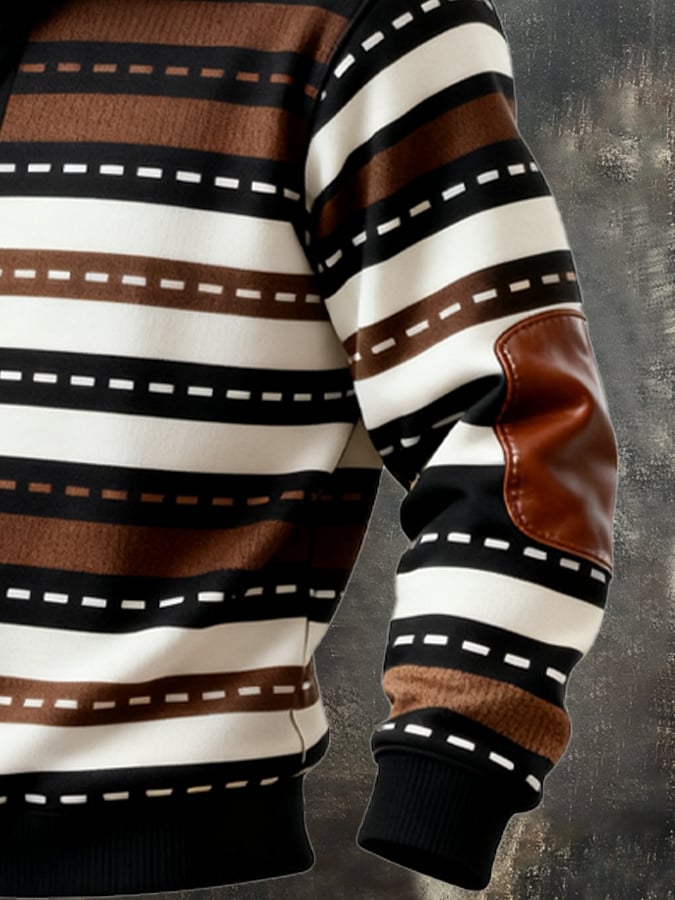 Men's Retro Color Block Print Casual Fur Collar Sweatshirt