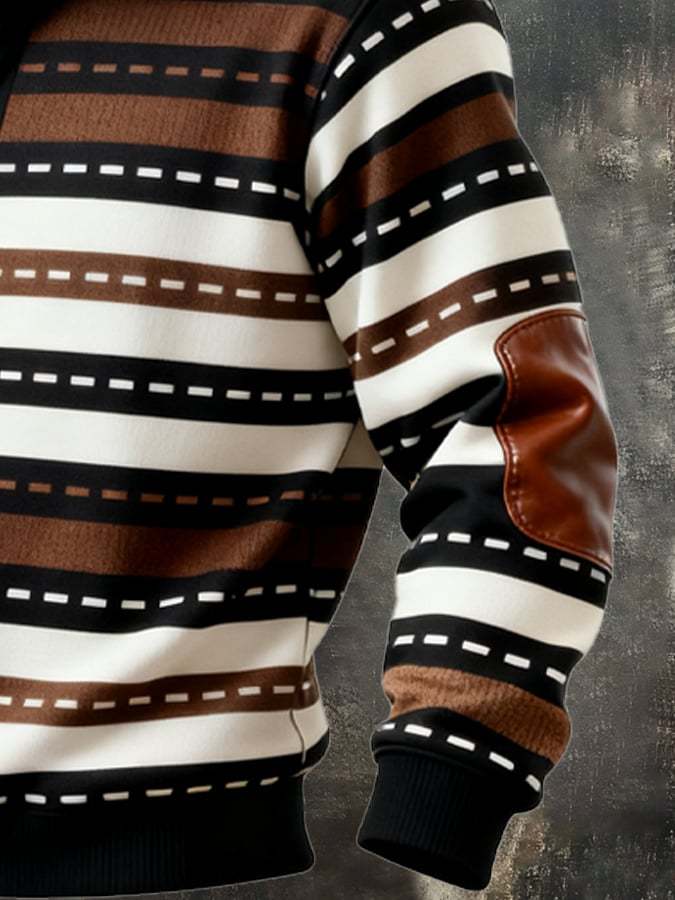 Men's Retro Color Block Print Casual Fur Collar Sweatshirt