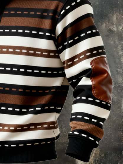 Men's Retro Color Block Print Casual Fur Collar Sweatshirt