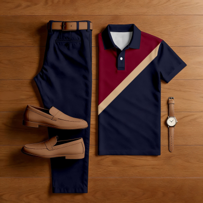 Men's Casual Navu Blue & Dark Red Color Matching Geometric Printed Short Sleeved Polo Shirt & Trousers Two-Piece Set