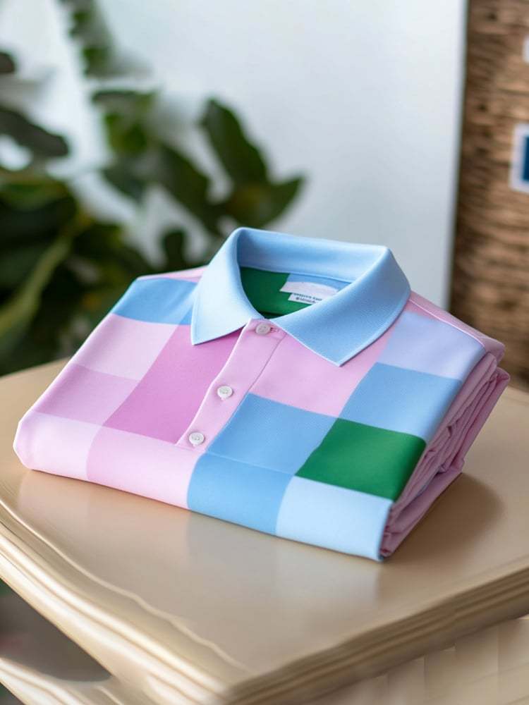 Men's Classic Business Check Logo Button Short Sleeve Polo Shirt