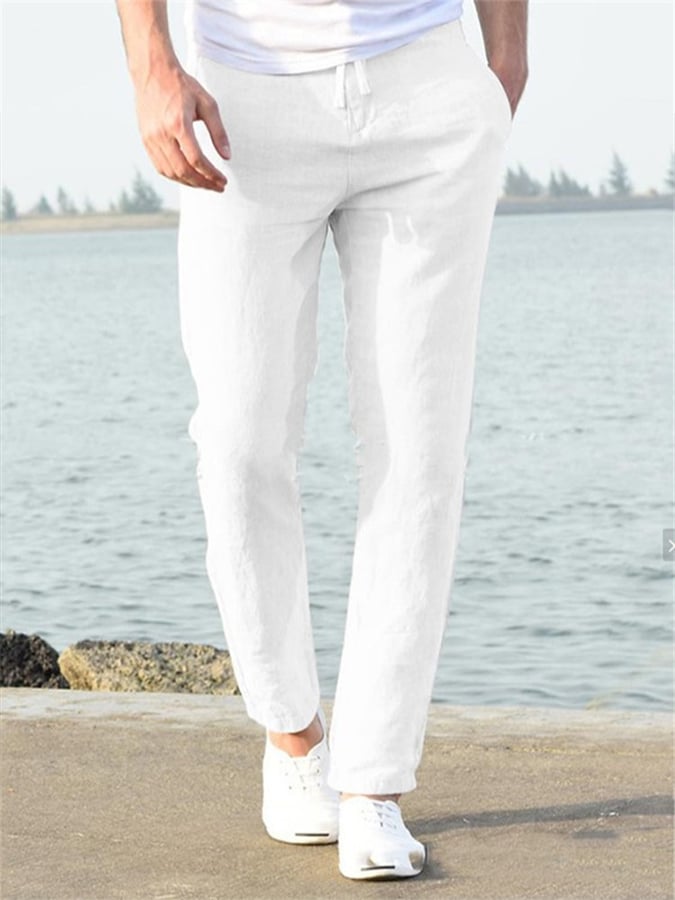 Men's Casual Solid Color Cotton And Linen Drawstring Elastic Waist Trousers