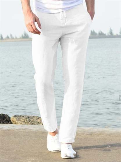 Men's Casual Solid Color Cotton And Linen Drawstring Elastic Waist Trousers