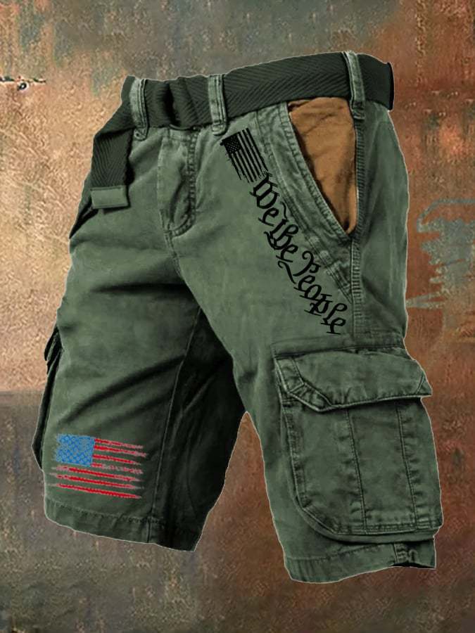 Men's Vintage Flag Independence Day Multi-Pocket Print Cargo Shorts (Belt Not Included)