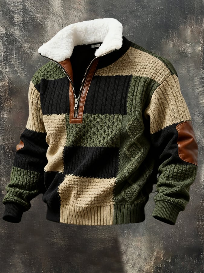 Men's Retro Color Block Print Casual Fur Collar Long Sleeve Sweatshirt