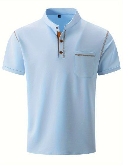 Men's Business Casual Striped Logo Button Short Sleeve Polo Shirt