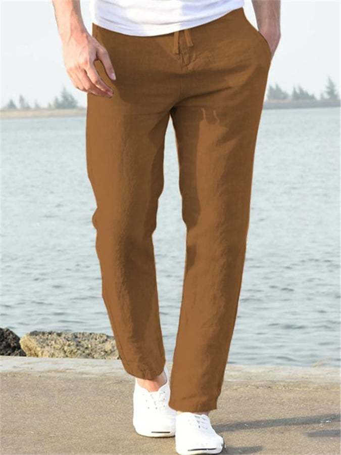 Men's Casual Solid Color Cotton And Linen Drawstring Elastic Waist Trousers