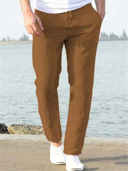 Men's Casual Solid Color Cotton And Linen Drawstring Elastic Waist Trousers