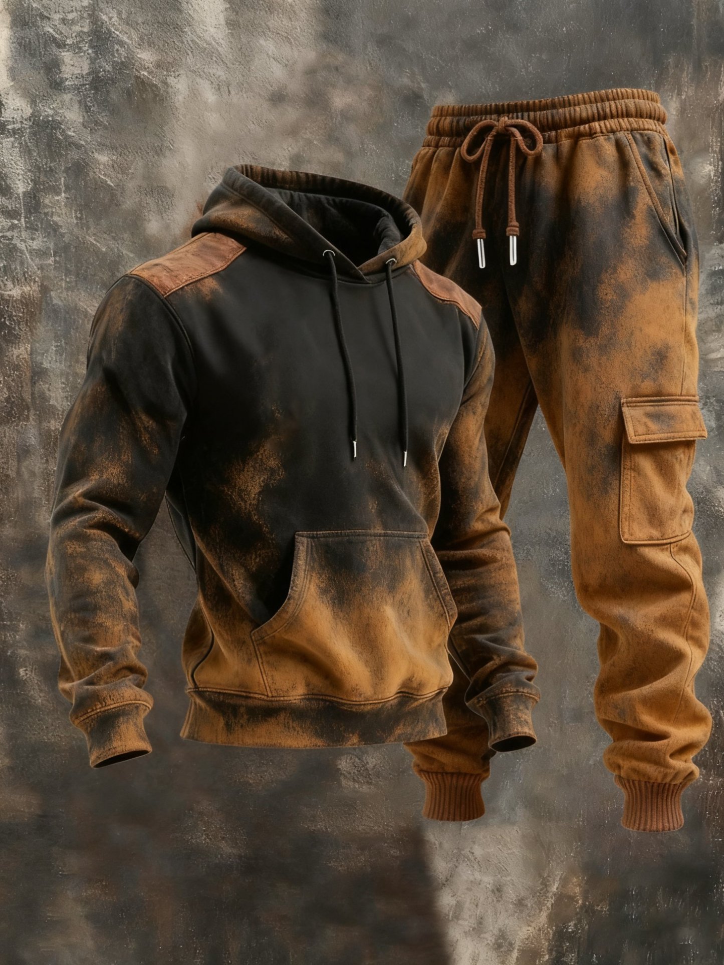 Men's Retro Stitching Contrast Color Hooded Casual Sweatshirt Suit