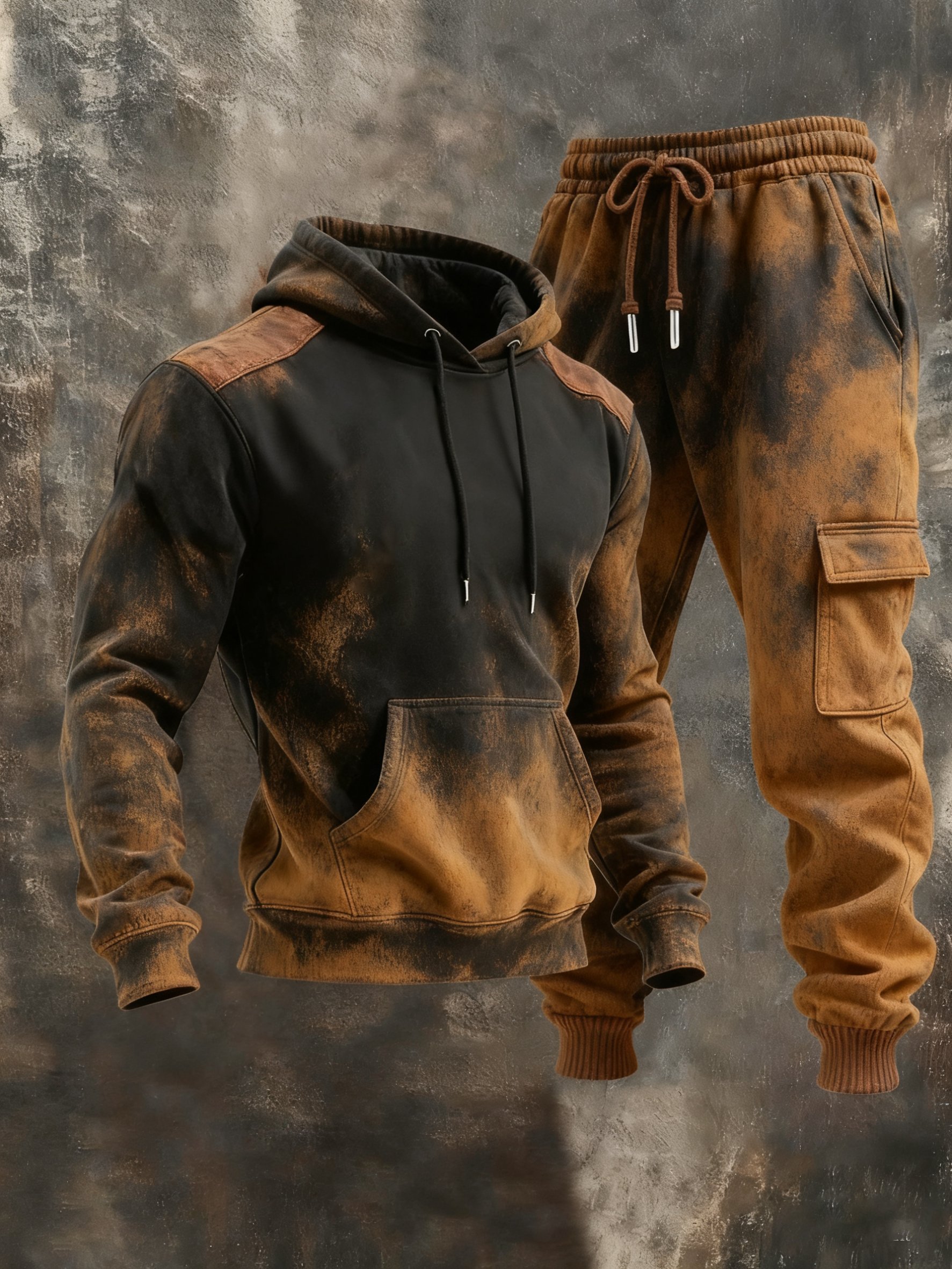 Men's Retro Stitching Contrast Color Hooded Casual Sweatshirt Suit