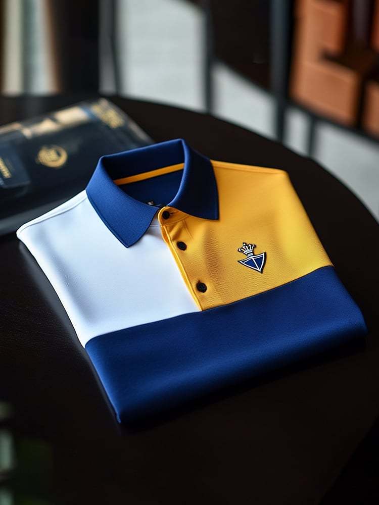 Men's Classic Business Check Logo Button Short Sleeve Polo Shirt