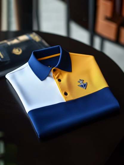 Men's Classic Business Check Logo Button Short Sleeve Polo Shirt