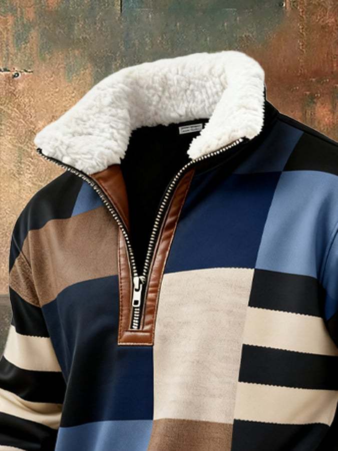 Men's Retro Color Block Print Casual Fur Collar Long Sleeve Sweatshirt