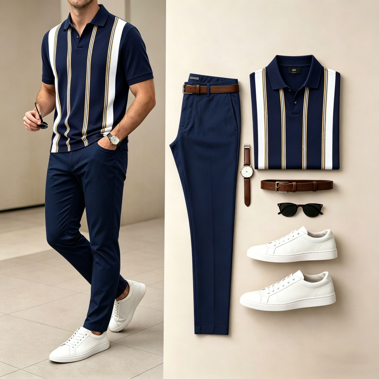 Men's Casual Vertical-Striped, Two-Tone Printed Short-Sleeve Polo Shirt And Pants Two-Piece Set (Does Not Include Accessories Such As Watches Or Glasses)