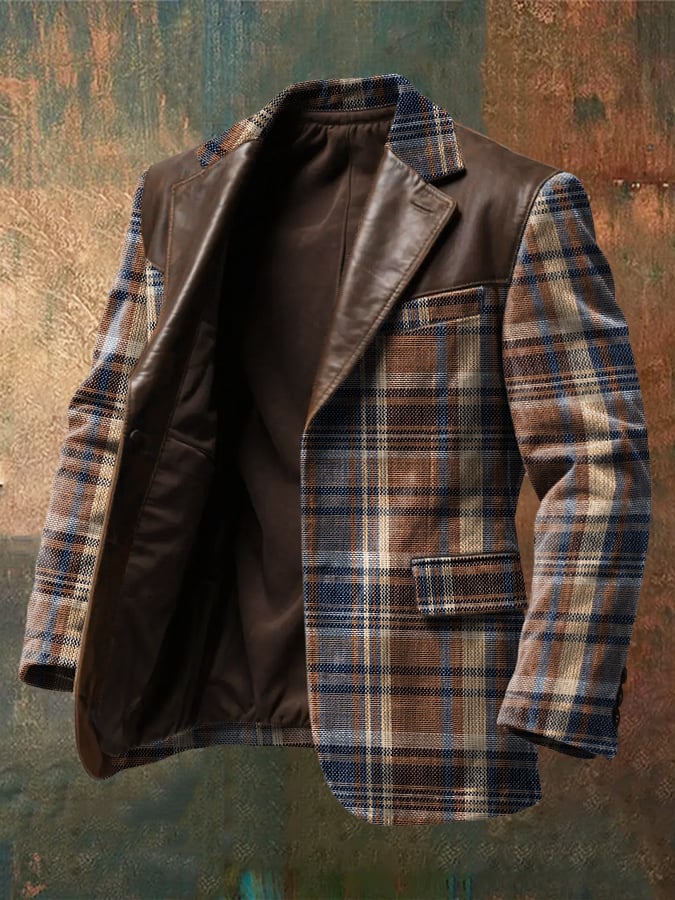 Men's Vintage Plaid Panel Leather Blazer