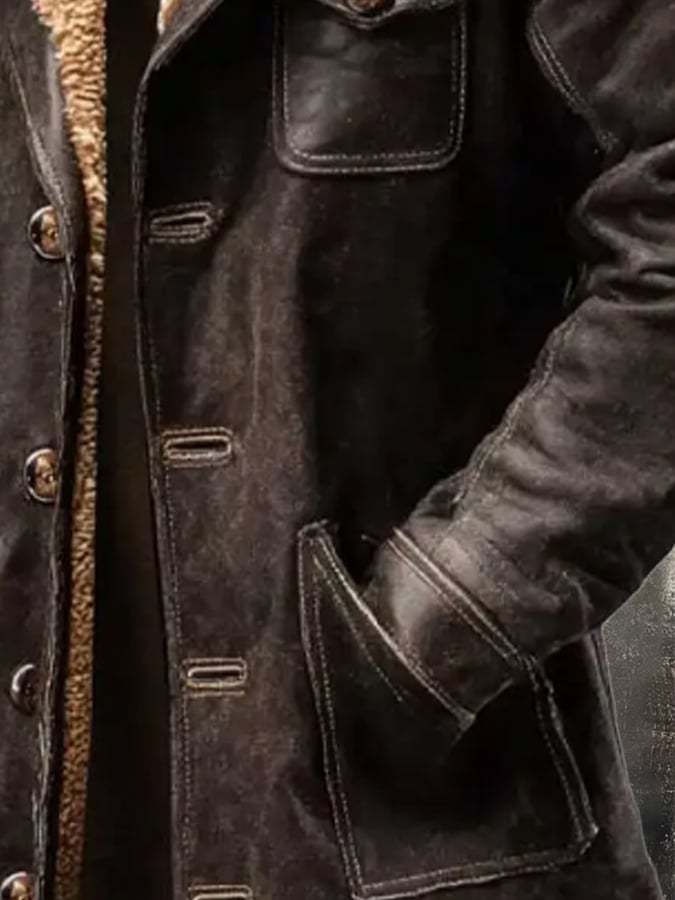 Men's Vintage Distressed Suede and Lambskin Long Coat