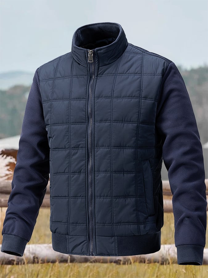 Men's Vintage Plaid Cotton Waffle Patchwork Casual Cotton Jacket