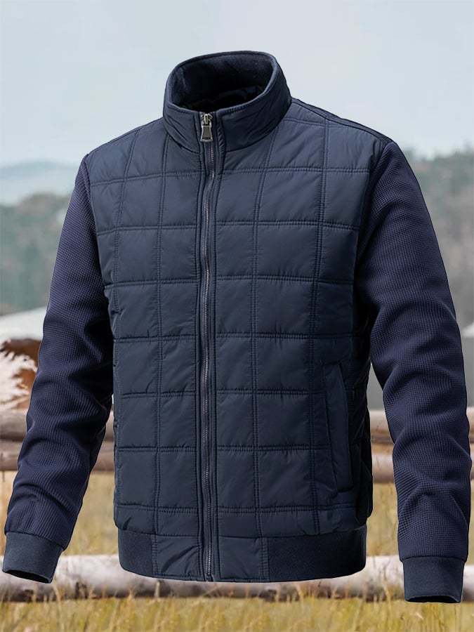 Men's Vintage Plaid Cotton Waffle Patchwork Casual Cotton Jacket