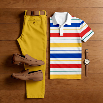 Men's Casual Yellow & Multi Color Matching Striped Printed Short Sleeved Polo Shirt & Trousers Two-Piece Set