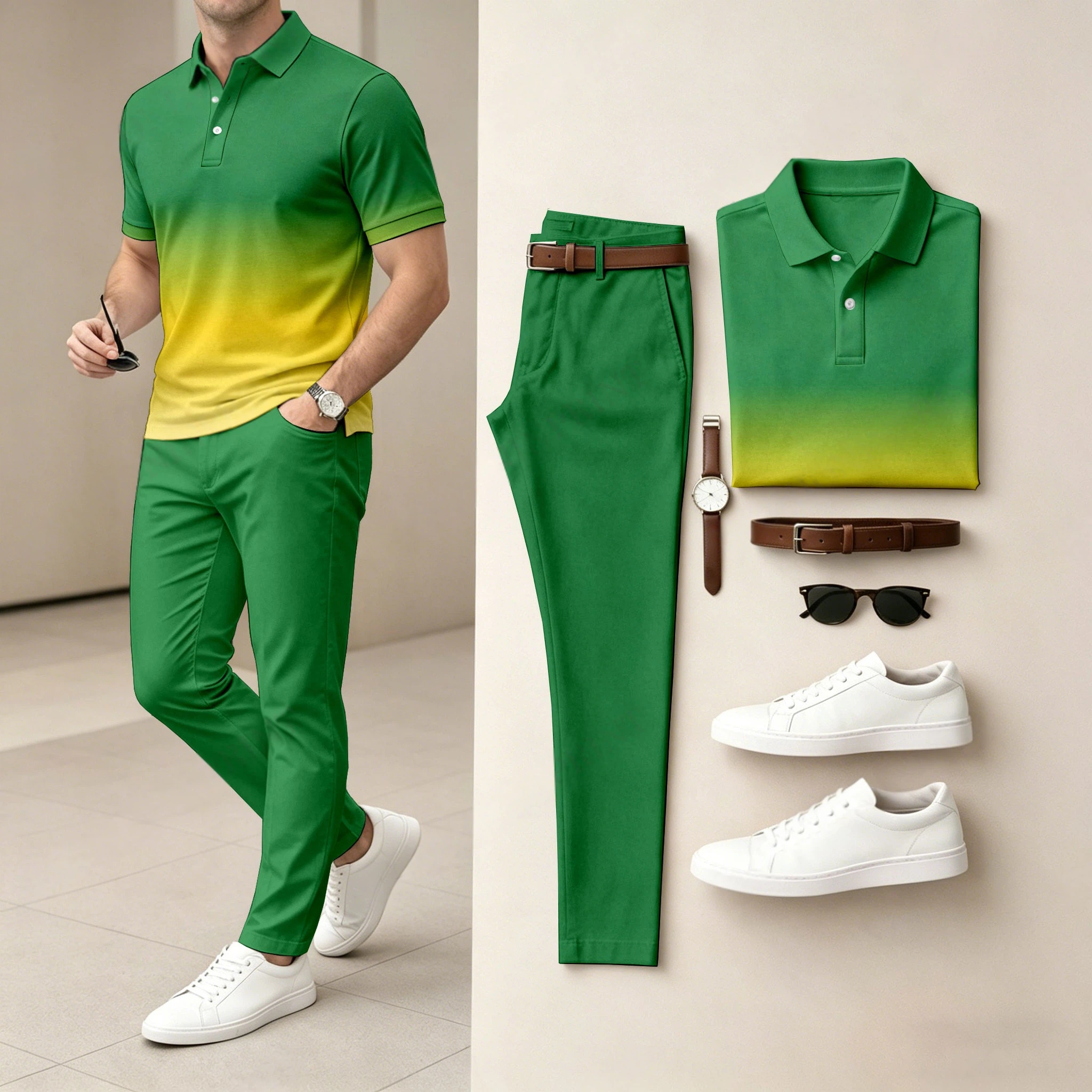 Men's  Ombré Color Short-Sleeve Polo Shirt and Pants Two-Piece Set