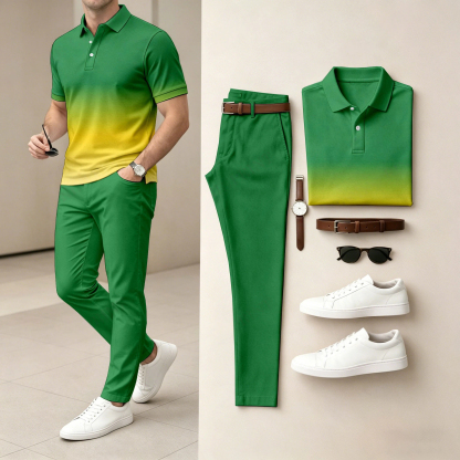 Men's  Ombré Color Short-Sleeve Polo Shirt and Pants Two-Piece Set