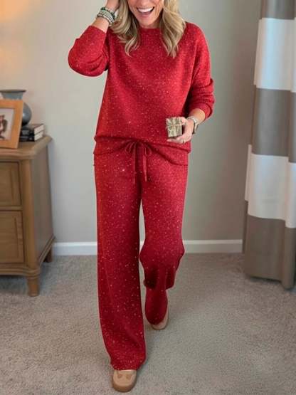 Cozy Travel Crew Neck Shiny Sweatshirt and Pant 2 Piece Sets