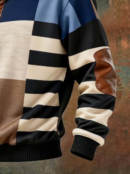 Men's Retro Color Block Print Casual Fur Collar Long Sleeve Sweatshirt