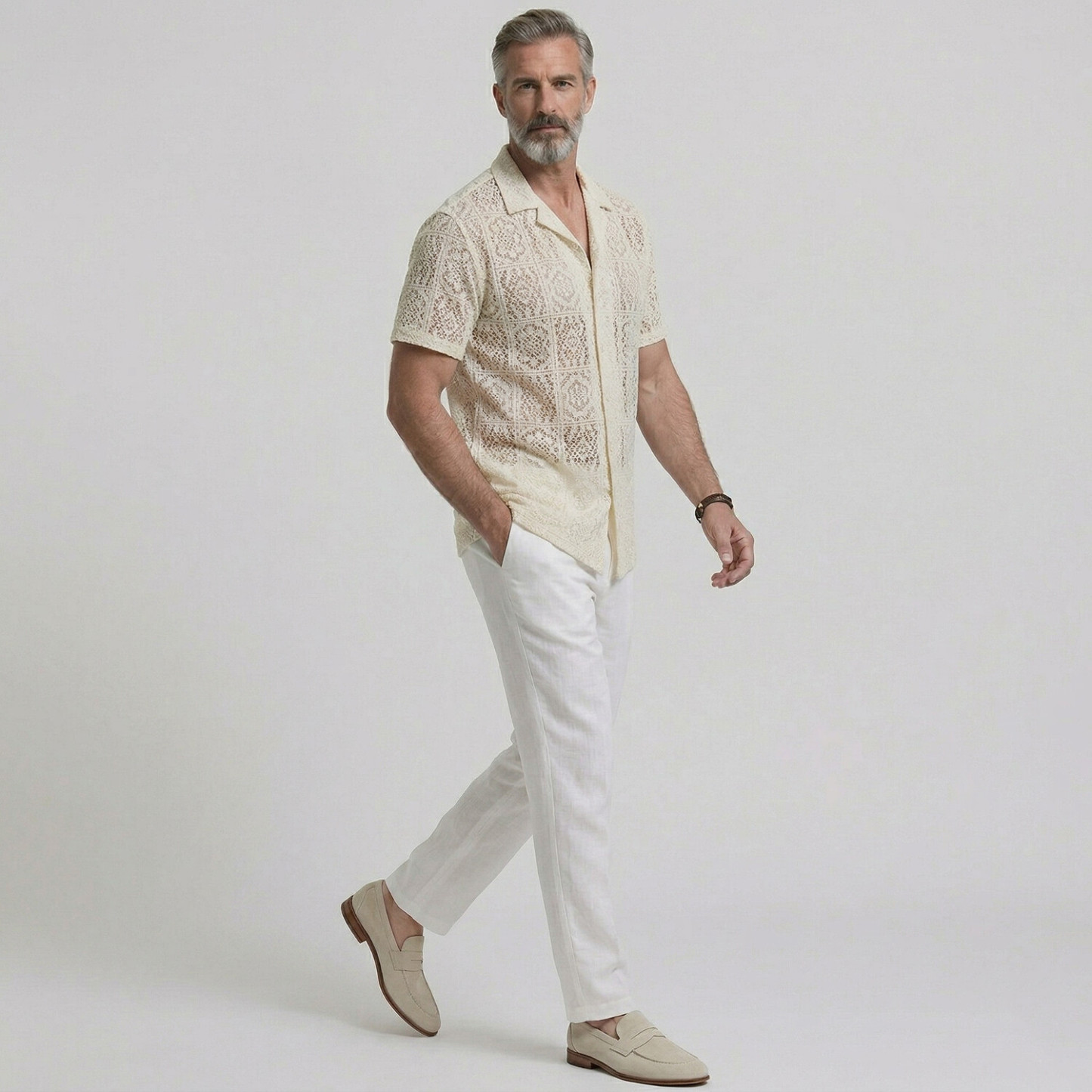 Men's Vacation Camp Collar Solid Color Hollow Out Lace Short Sleeve Shirt