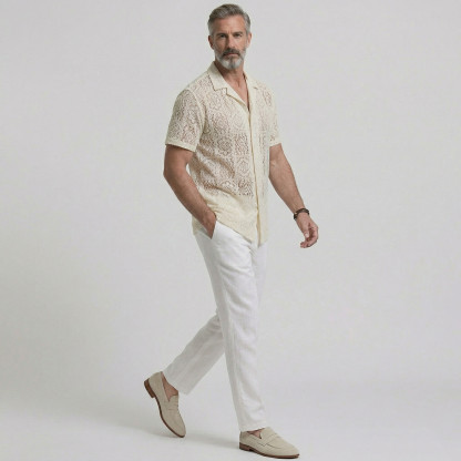 Men's Vacation Camp Collar Solid Color Hollow Out Lace Short Sleeve Shirt