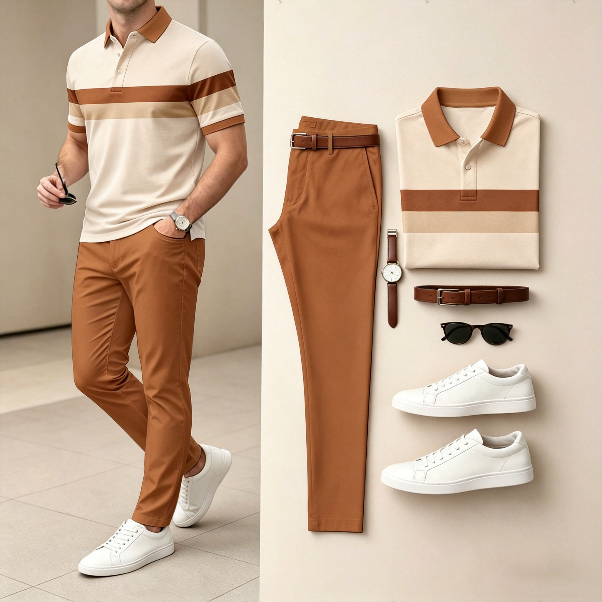 Men's Casual Horizontal-Striped, Two-Tone Print Short-Sleeve Polo Shirt And Pants Two-Piece Set (Does Not Include Accessories Such As Watches Or Glasses)