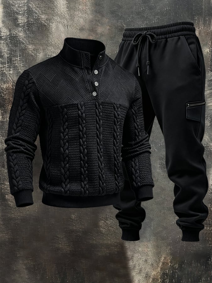 Men's Fashion Special Jacquard Pattern Henry Casual Sweatshirt Suit