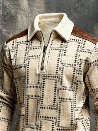 Men's Retro Color Block Print Color-Blocked Zip-Up Sweatshirt