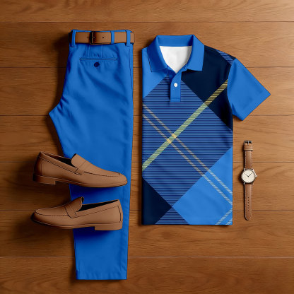 Men's Casual Royal Blue Color Matching Checkered Printed Short Sleeved Polo Shirt & Trousers Two-Piece Set