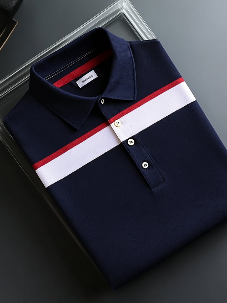 Men's Business Casual Striped Button Short Sleeve Polo Shirt