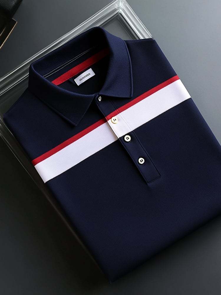 Men's Business Casual Striped Button Short Sleeve Polo Shirt