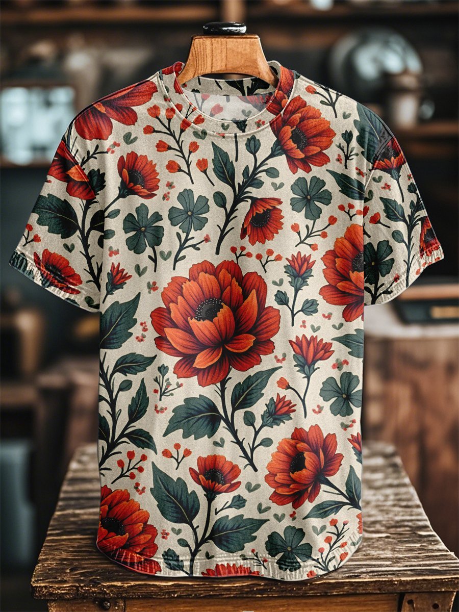 Men's Vintage Casual Floral Print Short Sleeve T-Shirt