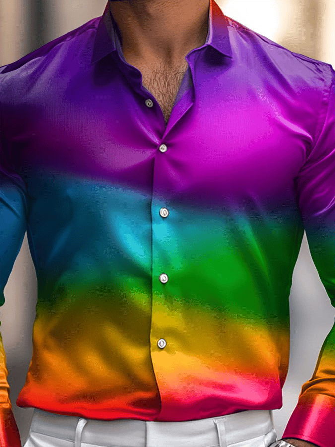 Men's Silk Business Luxury Rainbow Gradient Design Long Sleeve Shirt