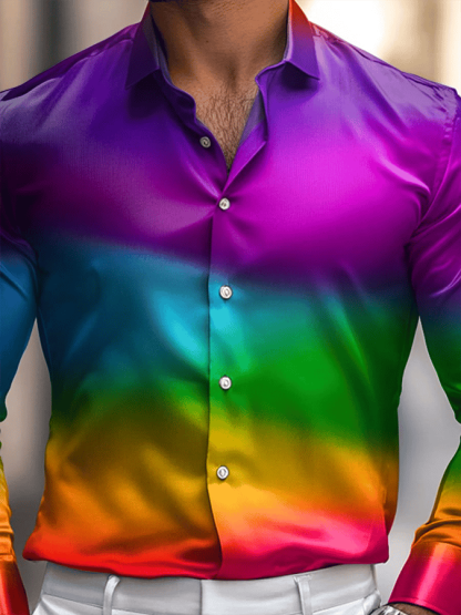 Men's Silk Business Luxury Rainbow Gradient Design Long Sleeve Shirt