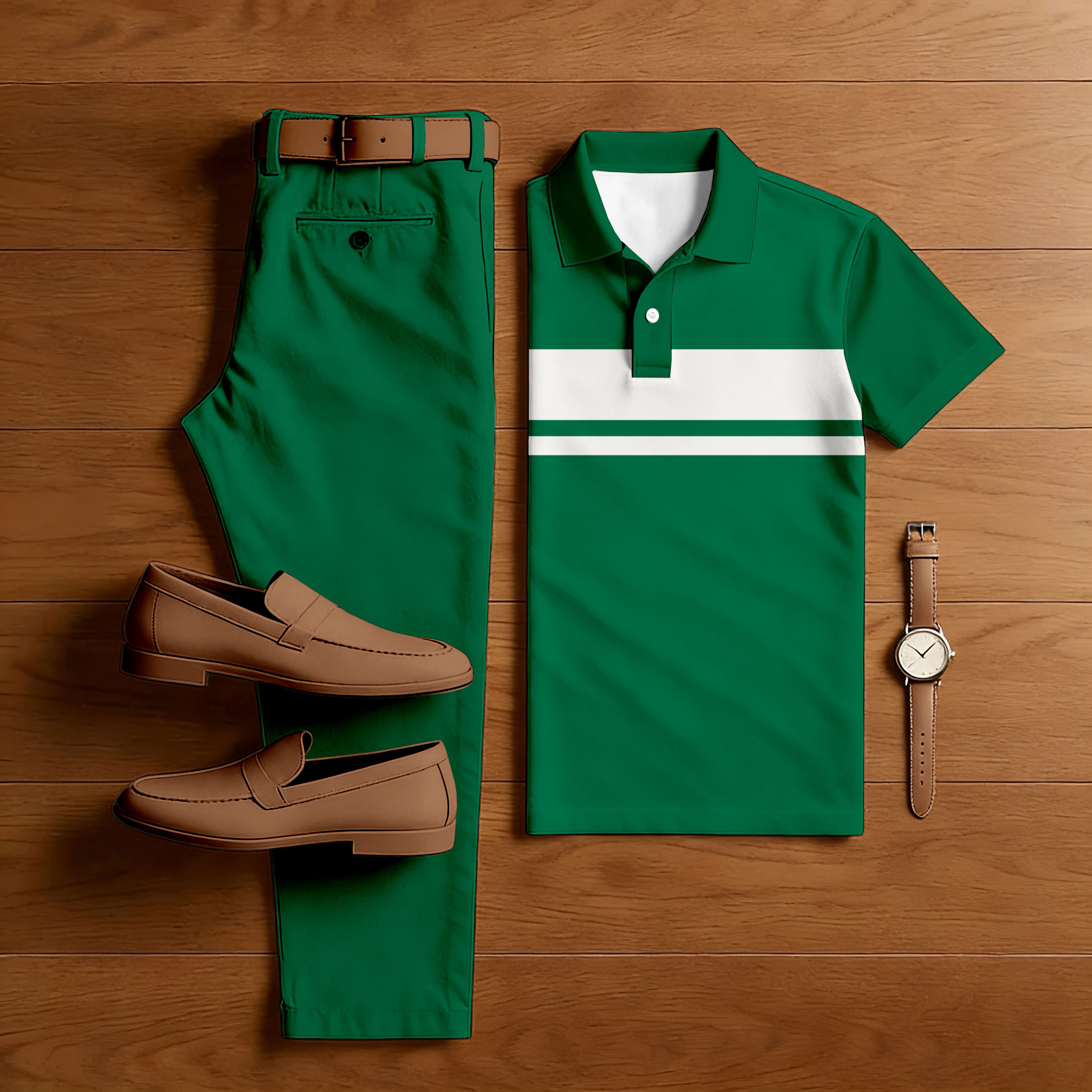 Men's Casual Green & White Color Matching Striped Printed Short Sleeved Polo Shirt & Trousers Two-Piece Set