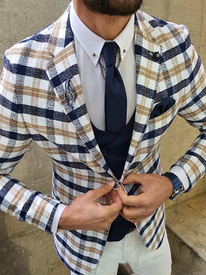 Checkered Gentleman Business Casual Slim Suit Jacket