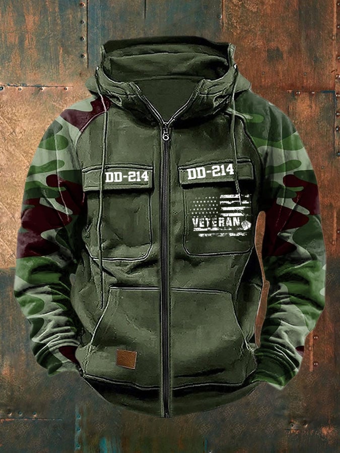 Men's Vintage Veteran Print Multi-Pocket Jacket