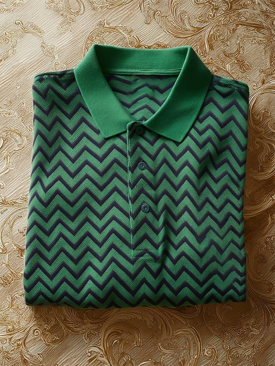 Men's Business Casual Chevron Stripe Button-Down Short Sleeve Polo Shirt