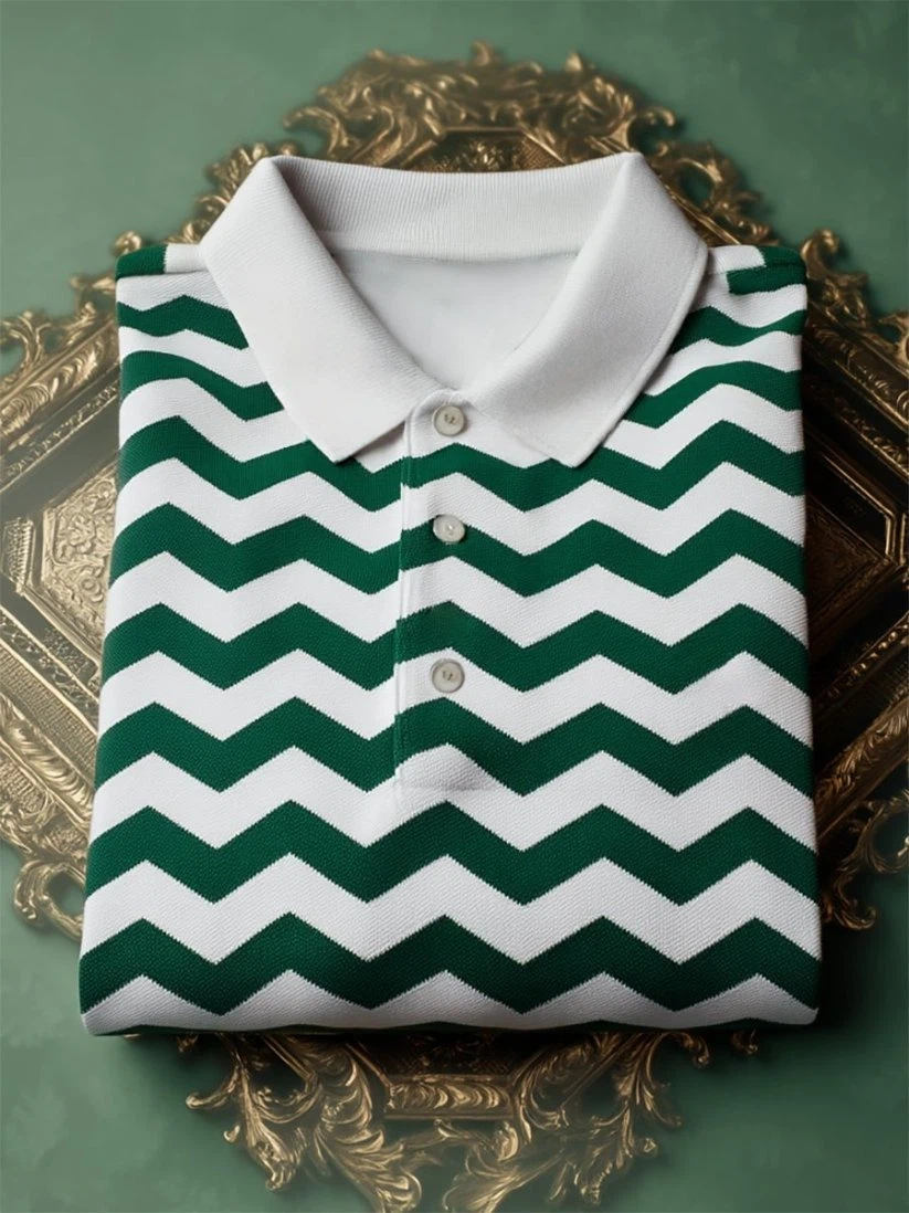 Men's Business Casual Chevron Stripe Button-Down Short Sleeve Polo Shirt