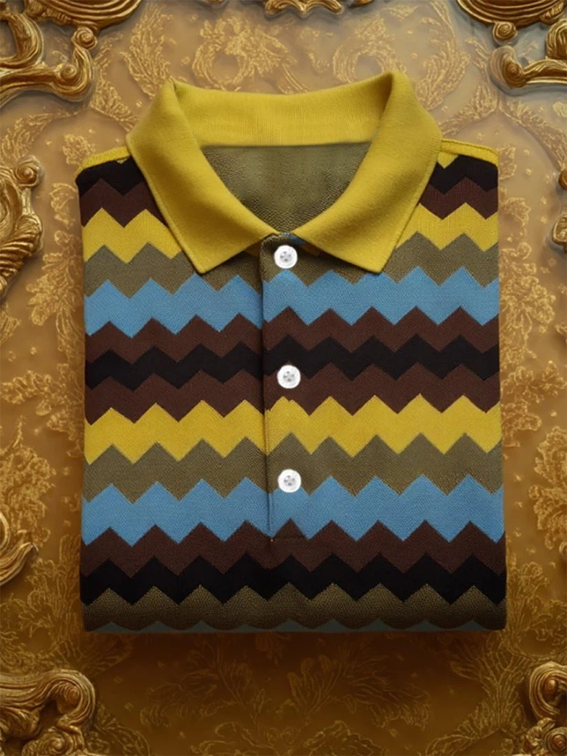 Men's Business Casual Chevron Stripe Button-Down Short Sleeve Polo Shirt