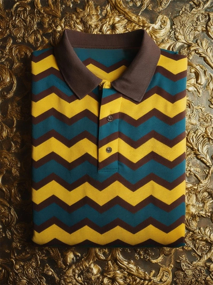 Men's Business Casual Chevron Stripe Button-Down Short Sleeve Polo Shirt
