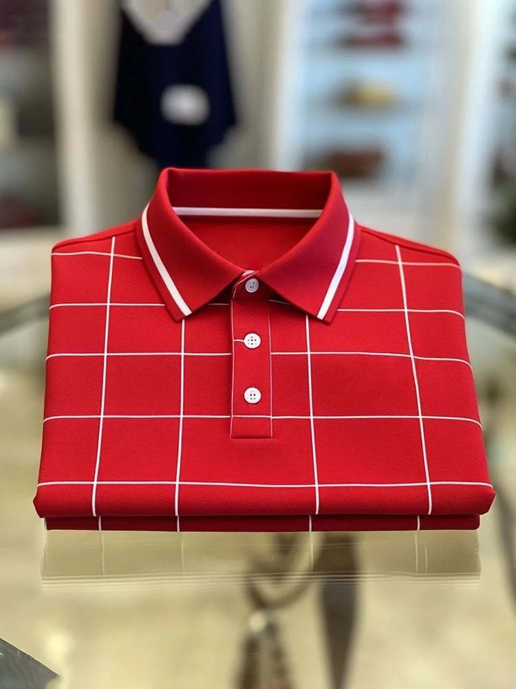 Men's Classic Business Check Logo Button Short Sleeve Polo Shirt