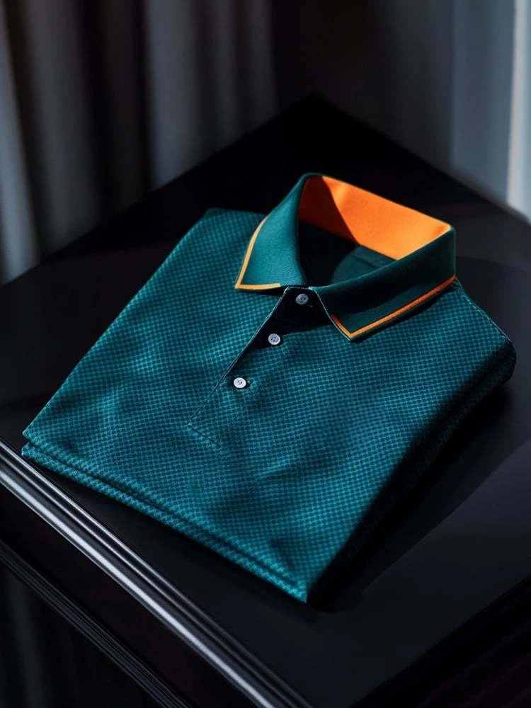 Men's Classic Business Check Logo Button Short Sleeve Polo Shirt