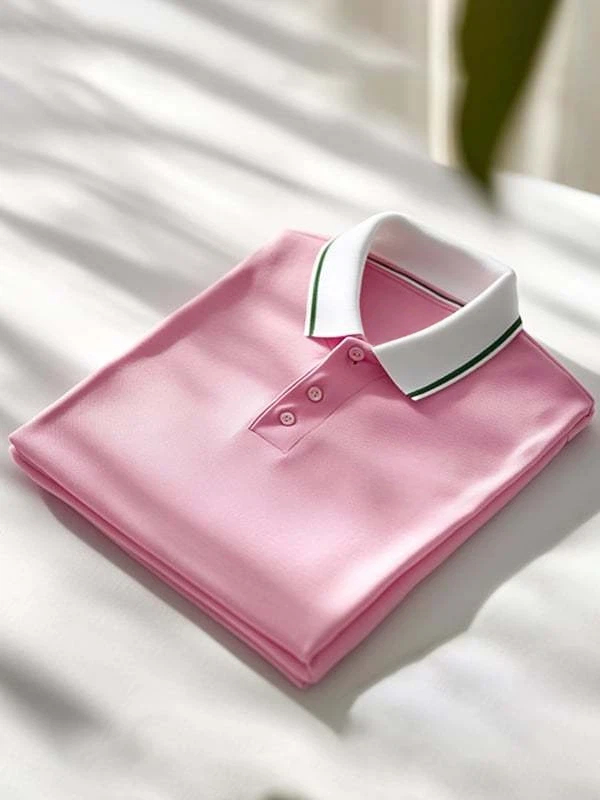 Men's Classic Pink Business Logo Button Short Sleeve Polo Shirt