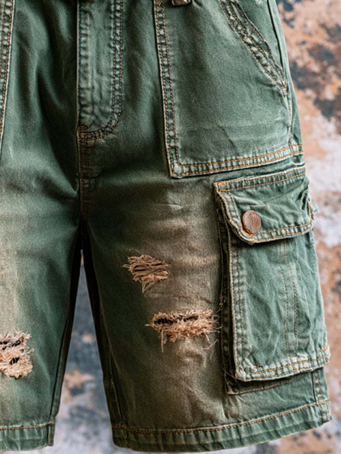 Men's Retro Outdoor Multi-Pocket 100% Cotton Washed Cargo Shorts